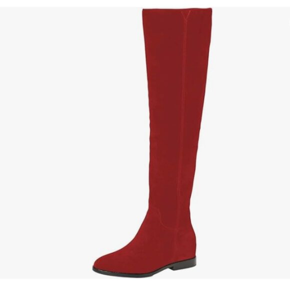 Red Almond Toe Knee High Boots with Partial Zipper Stretchy Warm Prom Long Boot - Picture 1 of 7